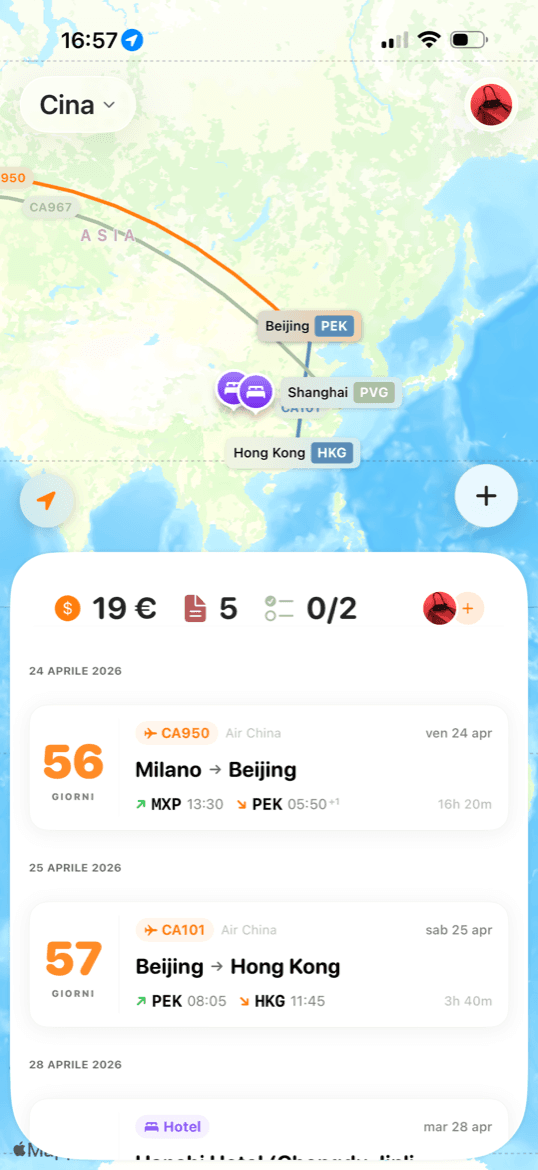 Goldfish app — mappa e timeline voli